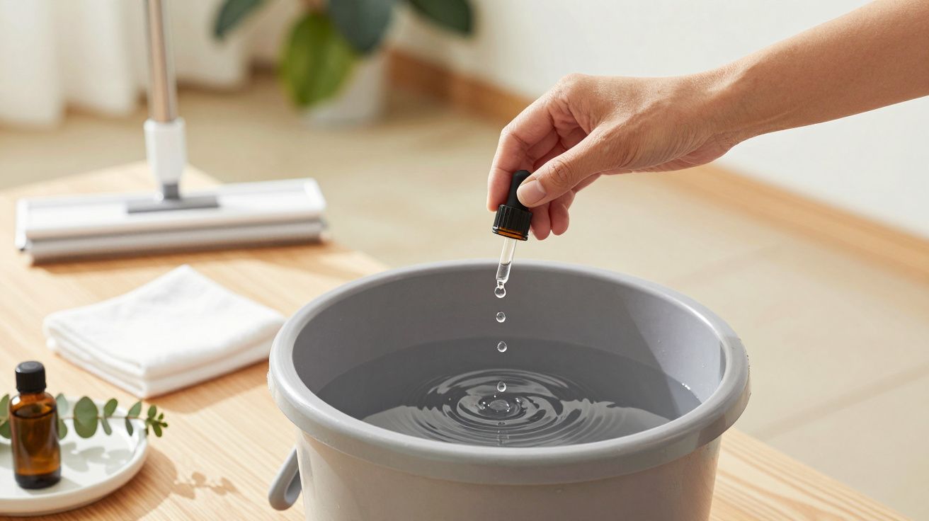 Ręka dodaje krople olejku eterycznego do szarego wiadra z wodą, obok znajduje się butelka i ściereczka.