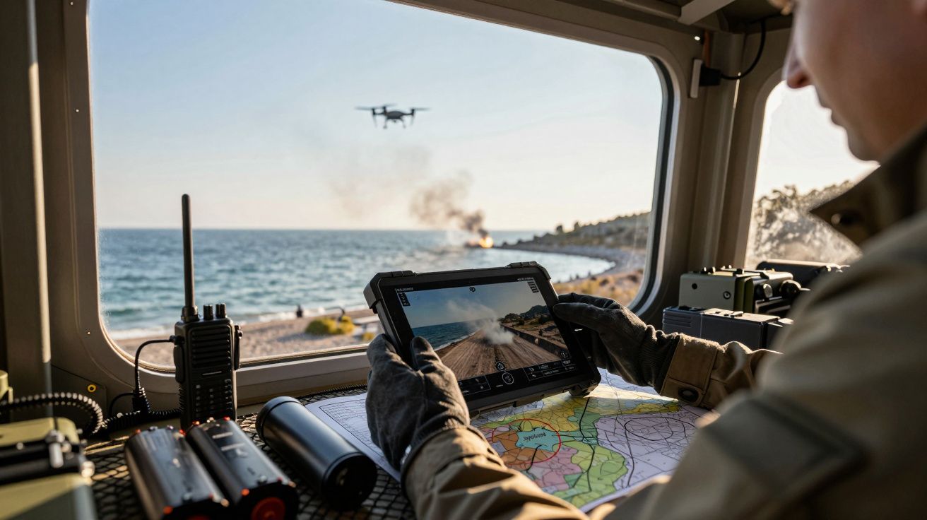 Osoba steruje dronem nad morzem, patrząc na tablet z mapą, w tle dym unoszący się z wybrzeża.