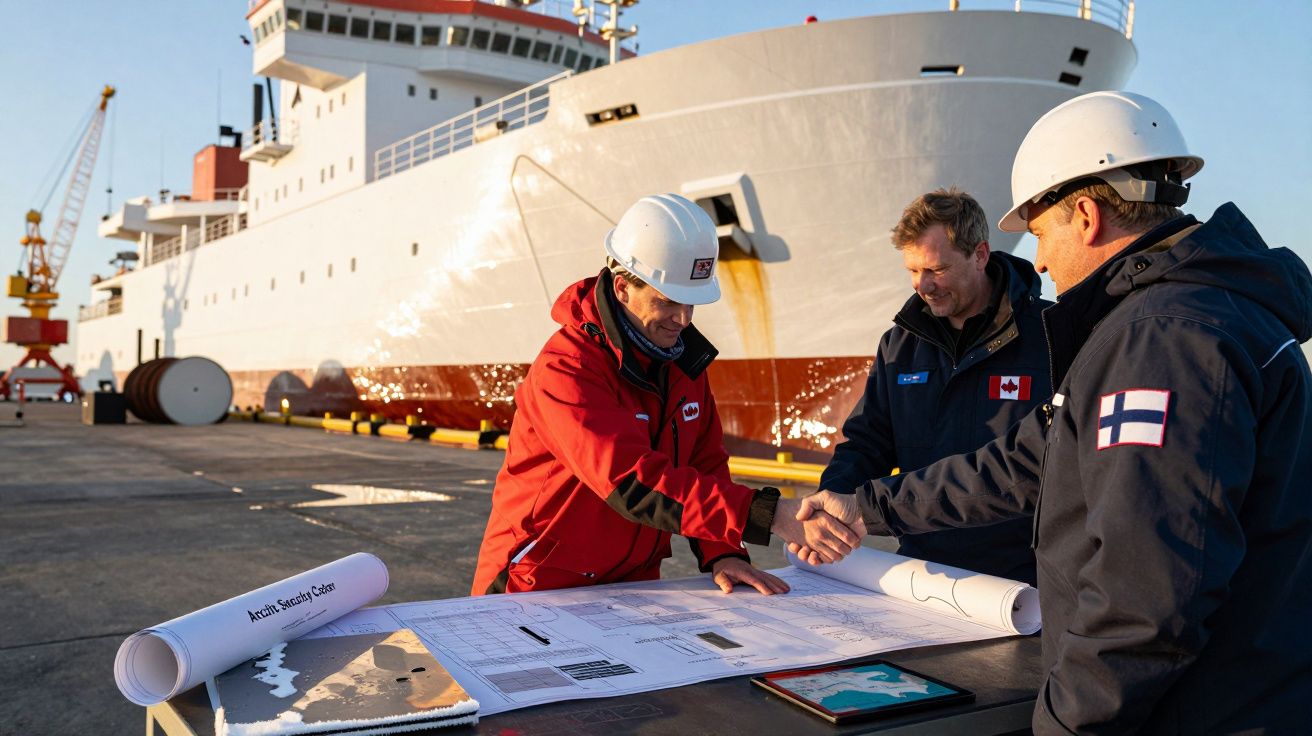 Trzech mężczyzn w kaskach przegląda plany przed dużym statkiem przy nabrzeżu.