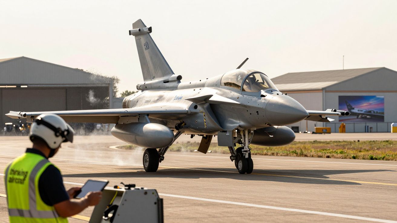 Myśliwiec startuje z pasa, w tle hangary. Technik w kamizelce patrzy na tablet.