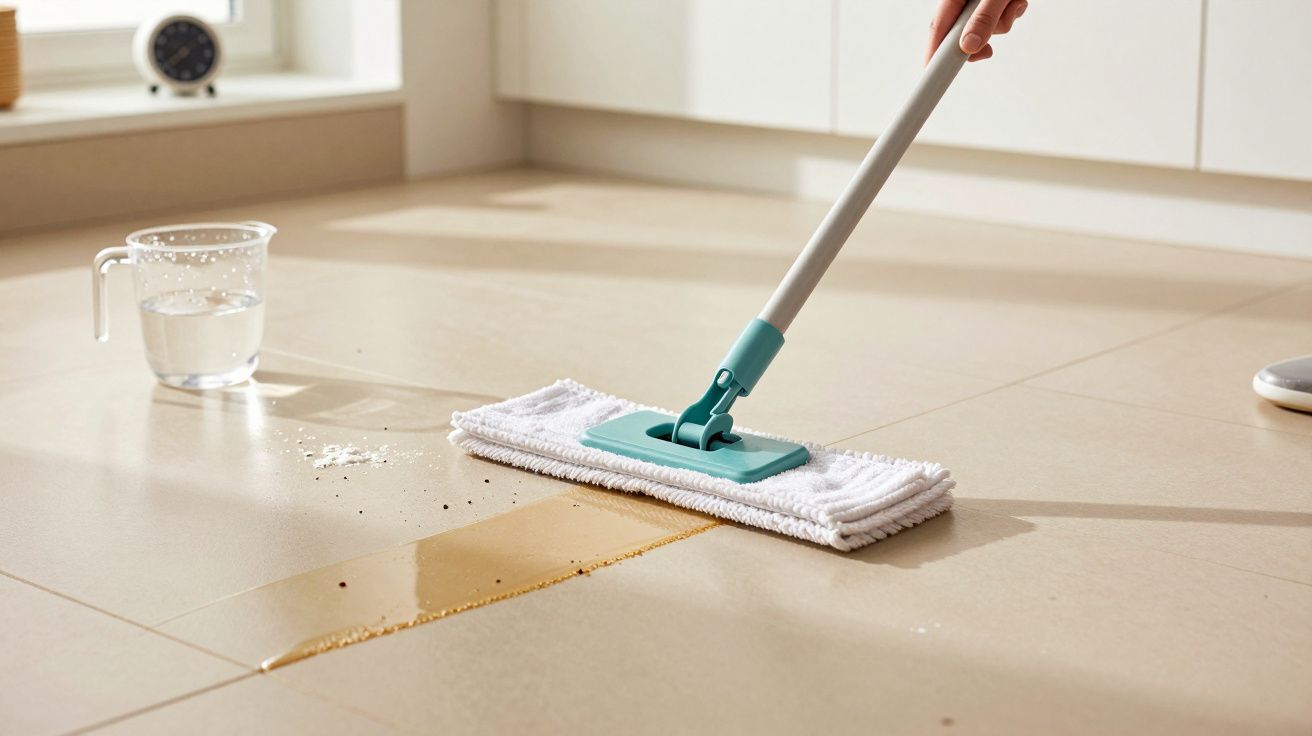 Osoba czyszcząca mopem rozlaną ciecz na płytkach w kuchni. Obok stoi miarka wody.