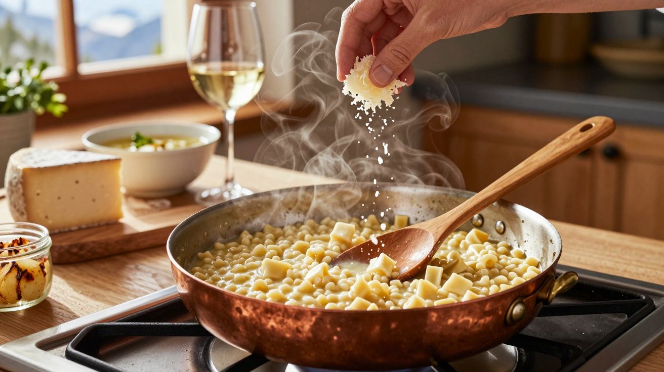 Ręka posypuje makaron w garnku serem na kuchence, w tle kieliszek wina.