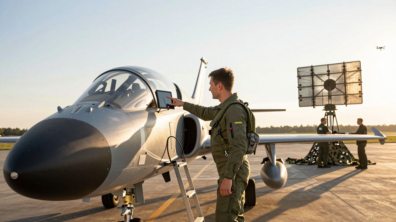 Pilot sprawdza panel kontrolny samolotu wojskowego na lotnisku o zachodzie słońca, w tle radar i żołnierze.