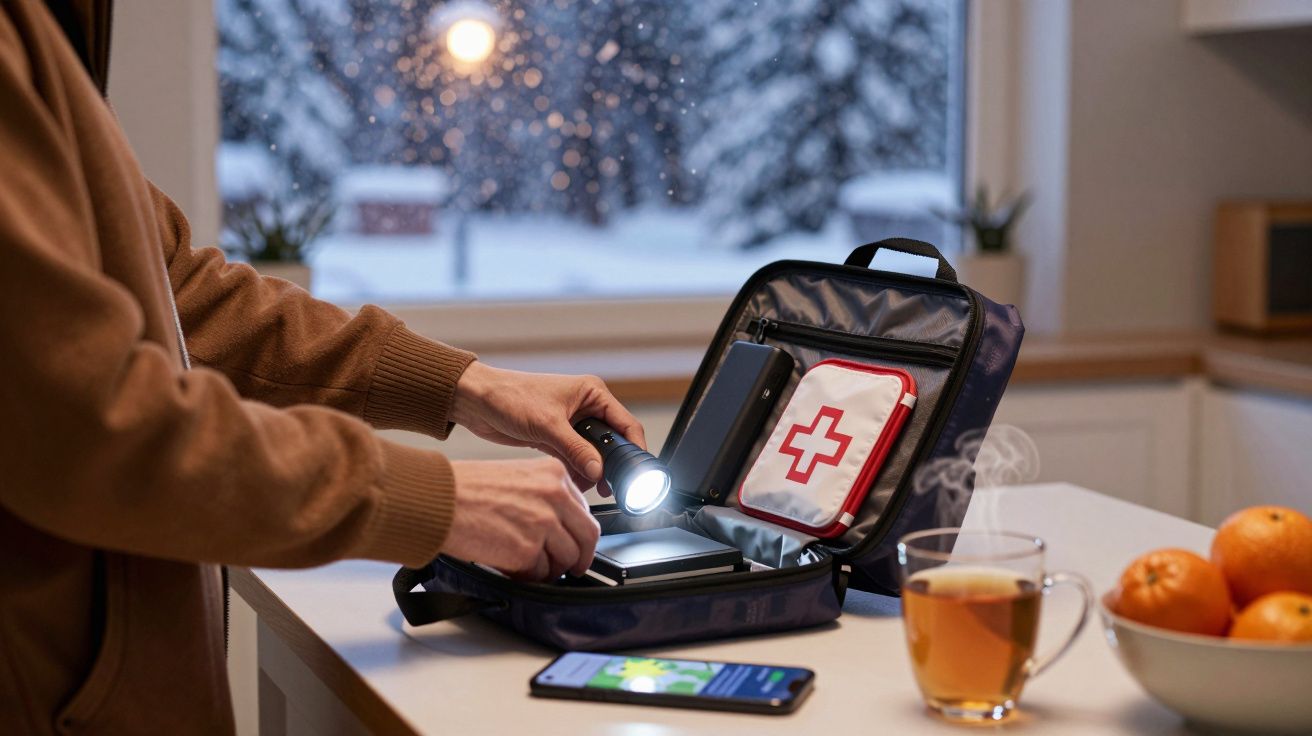 Osoba wyjmuje latarkę z otwartej apteczki na blacie w kuchni; za oknem widać śnieg.