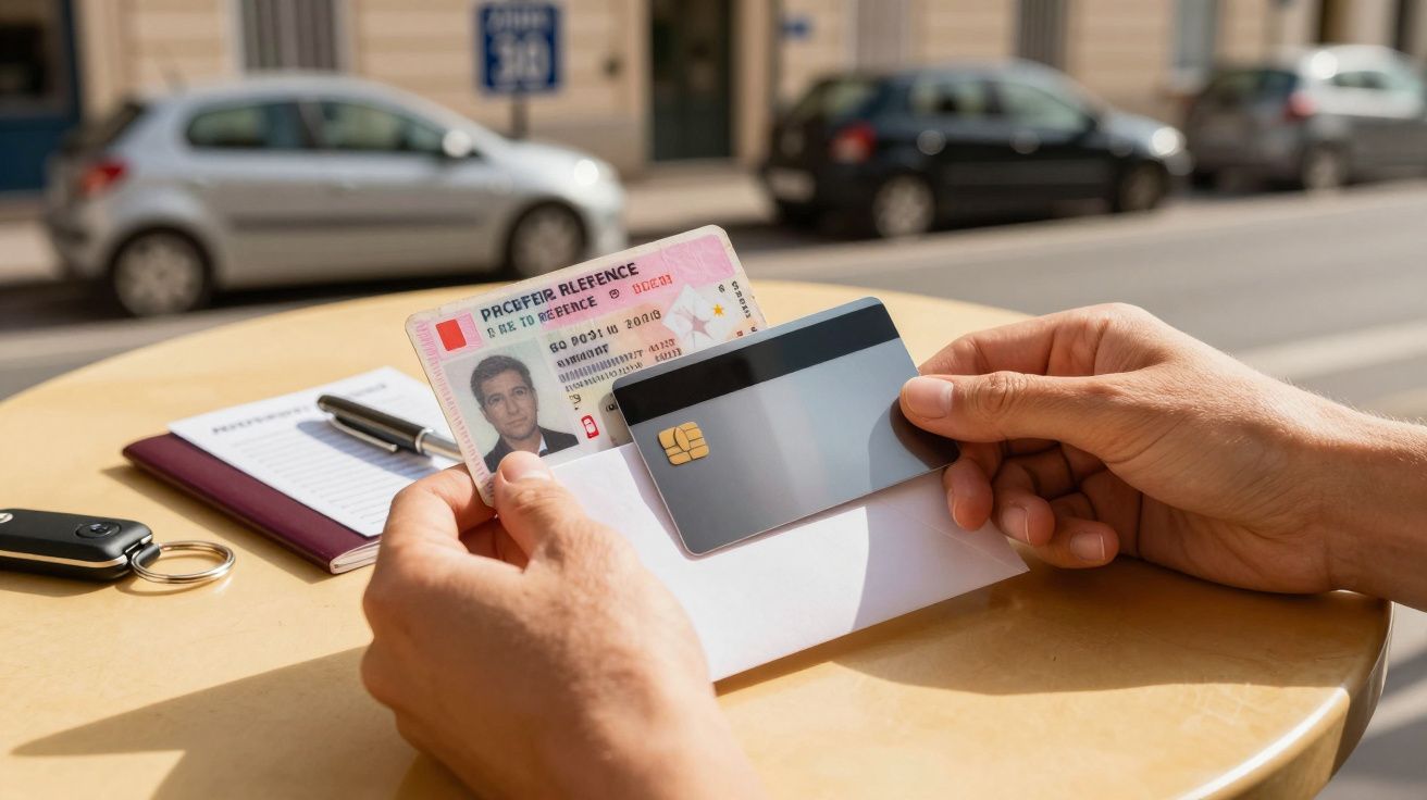 Osoba trzyma dokument tożsamości i kartę z chipem na stole, w tle ulica z zaparkowanymi samochodami.