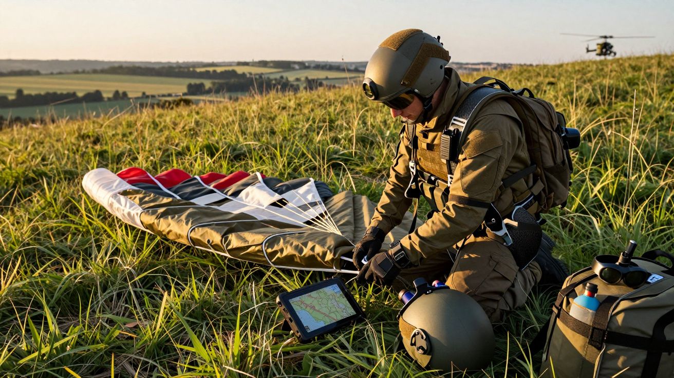 Żołnierz w stroju bojowym obsługuje tablet i spadochron na łące, w tle helikopter i pejzaż o zachodzie słońca.