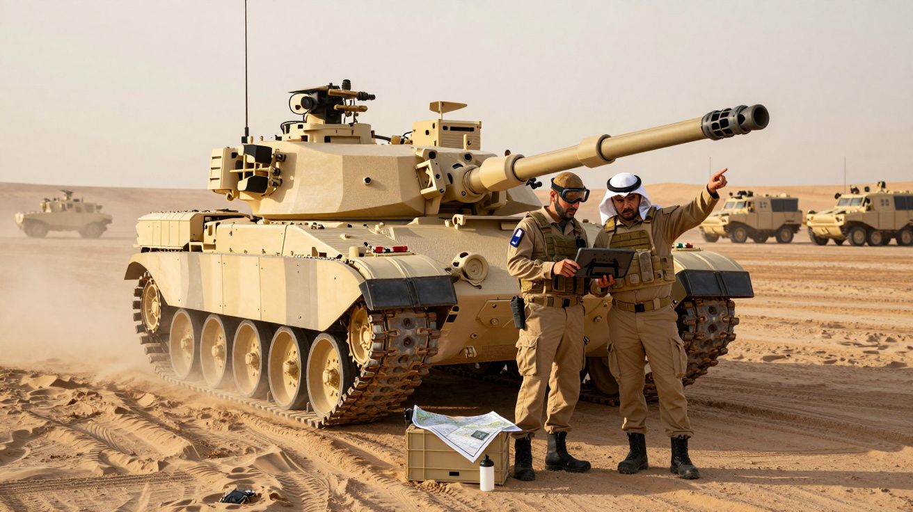 Żołnierze stojący obok czołgu na pustyni, patrzą na tablet, za nimi jadą inne pojazdy wojskowe.