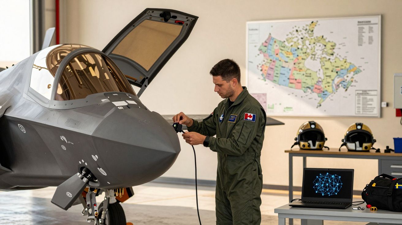Mężczyzna w mundurze wojskowym pracuje przy myśliwcu F-35 w hangarze, obok stoi laptop i wiszą kaski pilotów.