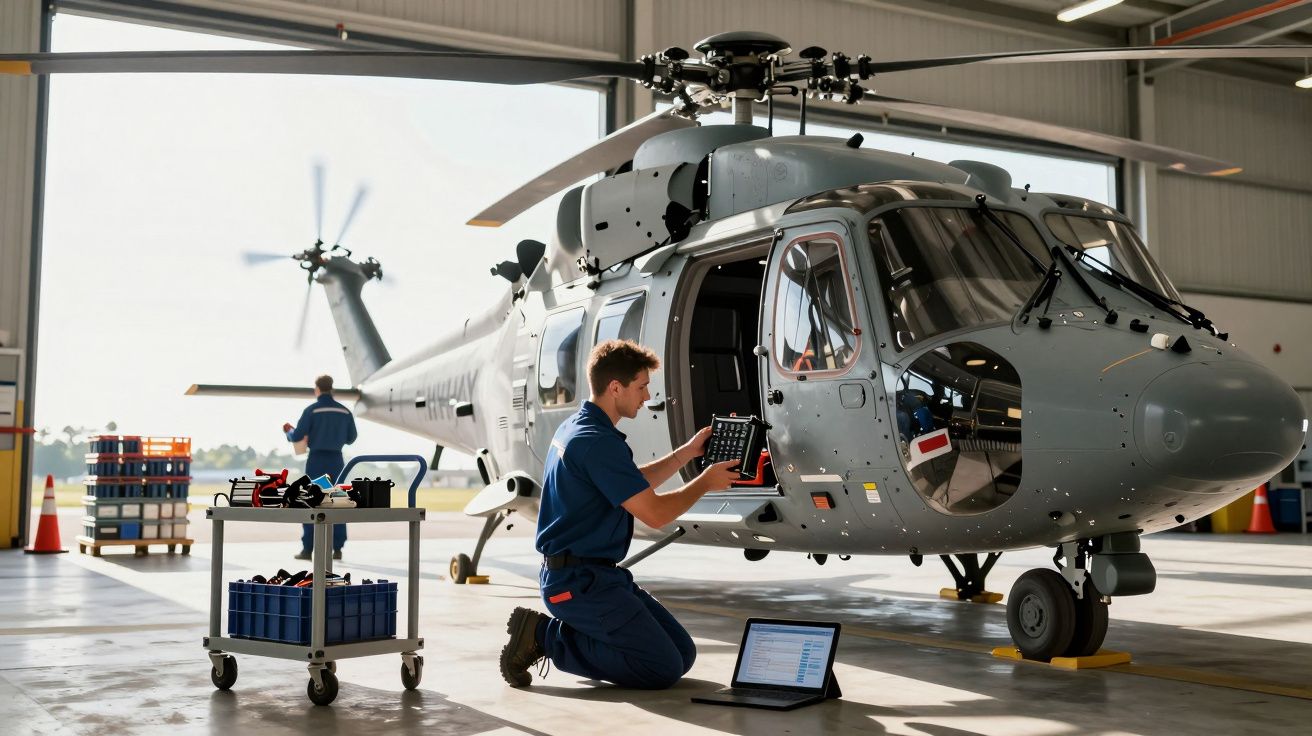 Technik dokonuje przeglądu śmigłowca wojskowego w hangarze, używając laptopa i narzędzi.