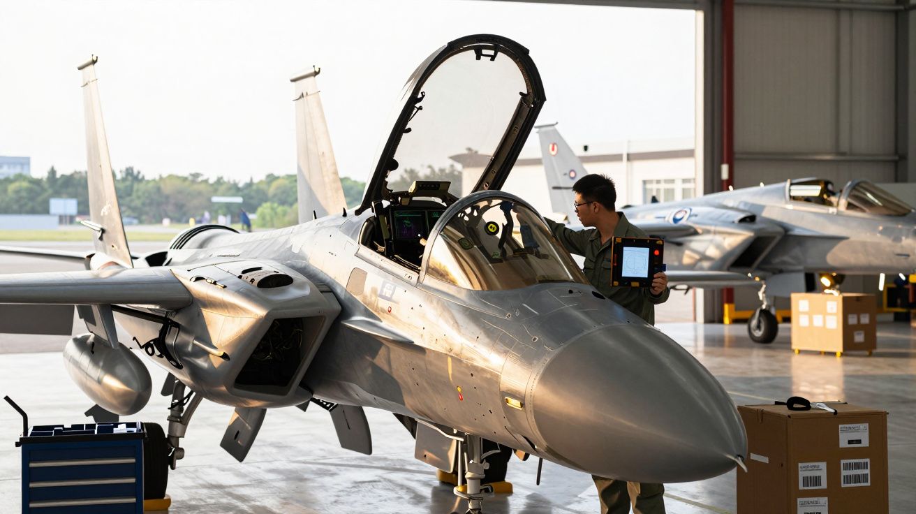 Mężczyzna pracujący przy myśliwcu w hangarze, trzyma tablet, otwarta kabina pilota, w tle drugi samolot.