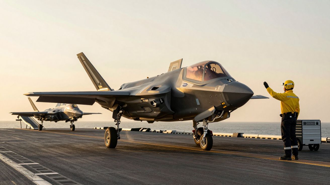 Samoloty wojskowe na pokładzie lotniskowca. Pilot i członek załogi w żółtej kamizelce komunikują się.