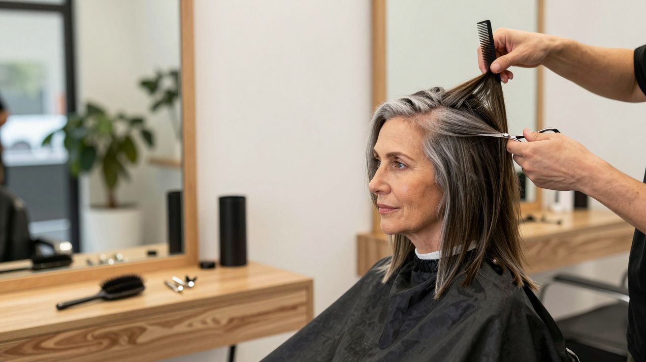 Kobieta o siwych włosach w salonie fryzjerskim, siedząca przed lustrem, podczas strzyżenia przez fryzjera.