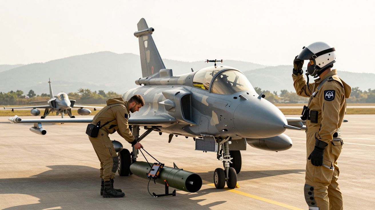 Dwóch pilotów w kombinezonach wojskowych przygotowuje myśliwiec na pasie startowym w słoneczny dzień.