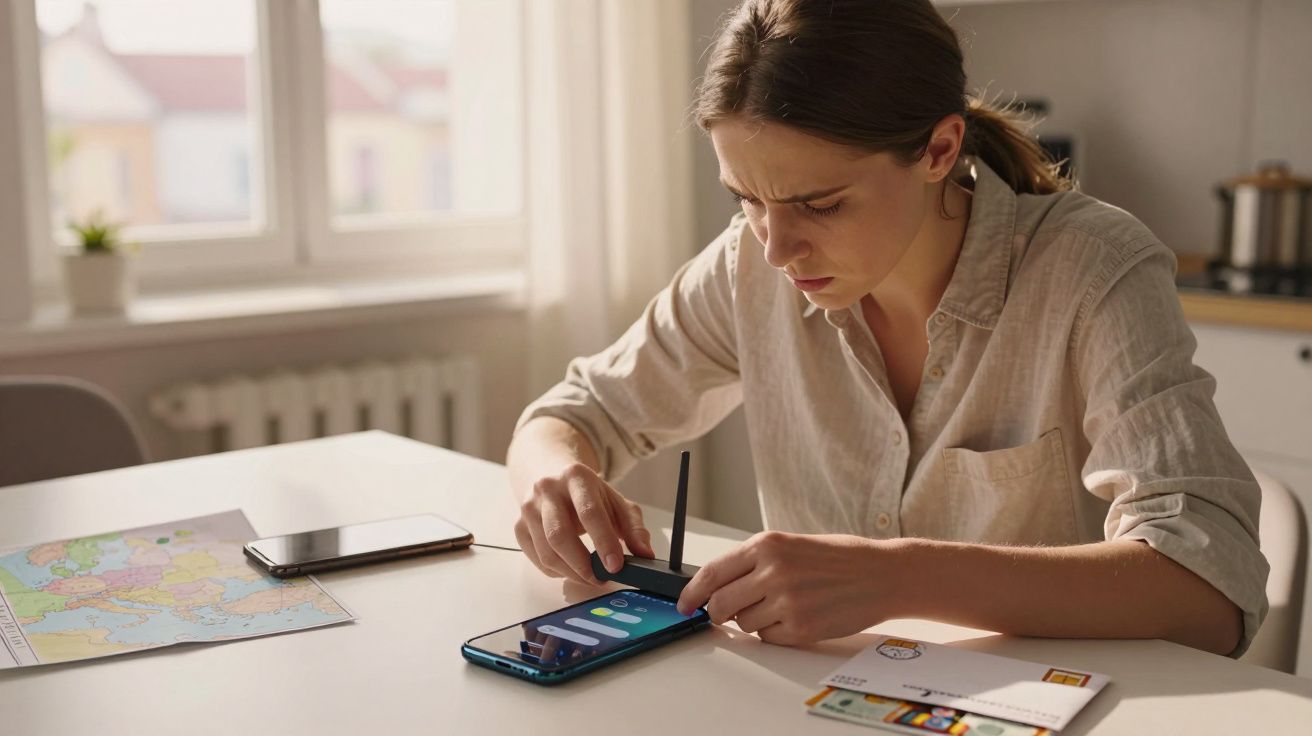 Kobieta używająca smartfona z rysikiem przy stole, z mapą i kopertą obok.