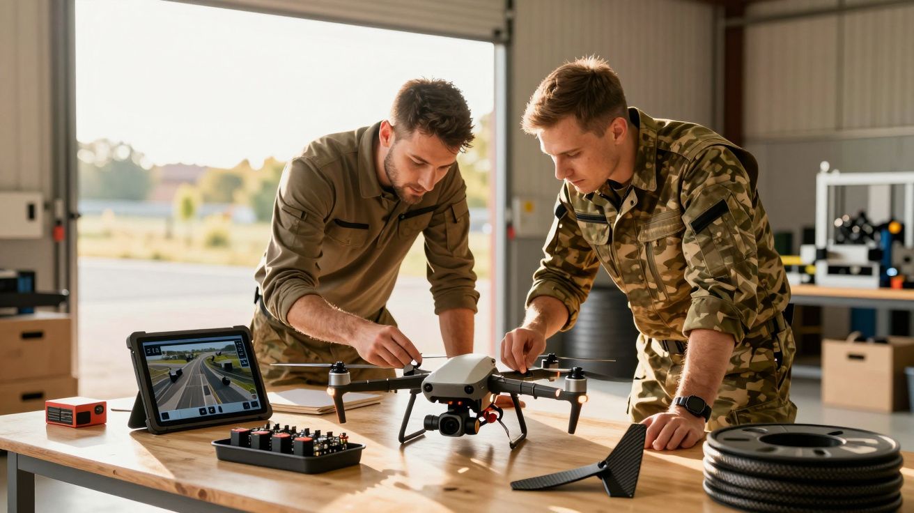 Dwóch mężczyzn w mundurach pracuje nad dronem na stole w warsztacie. Obok tablet z wyświetlonym obrazem.