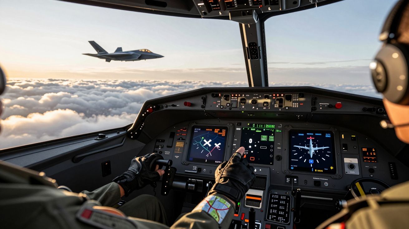 Kokpit samolotu z widokiem na przelatujący myśliwiec nad chmurami, dwóch pilotów patrzy na ekrany.