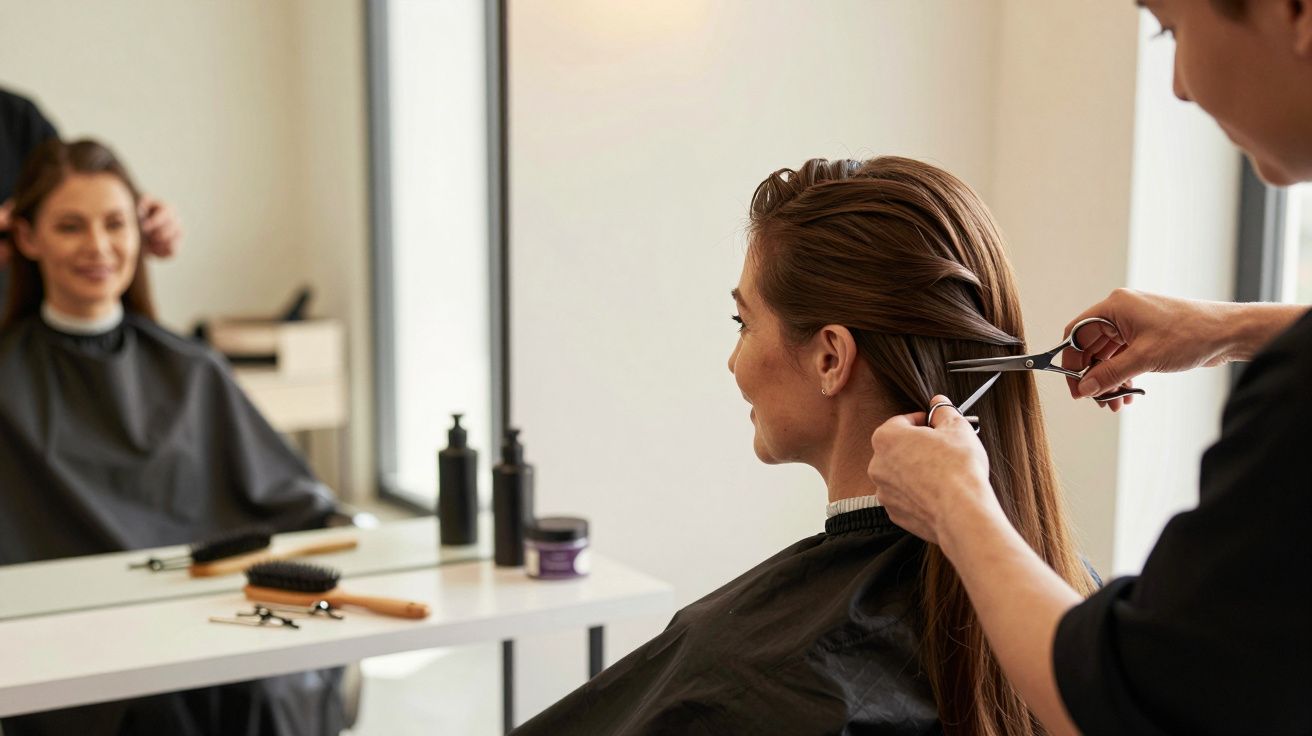 Kobieta w salonie fryzjerskim, fryzjer tnie jej długie włosy nożyczkami. W tle lustro i narzędzia fryzjerskie.