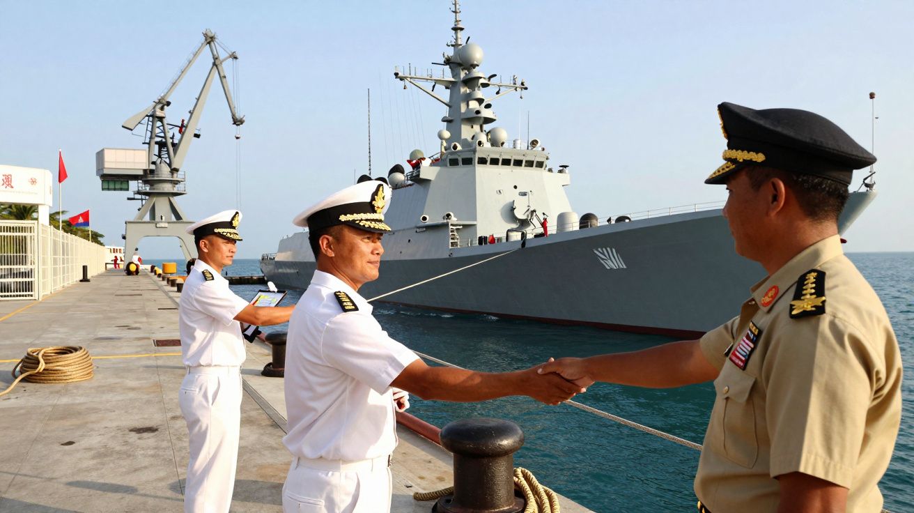 Trzech marynarzy w mundurach ściska sobie dłonie na nabrzeżu, w tle duży okręt wojenny i dźwig portowy.