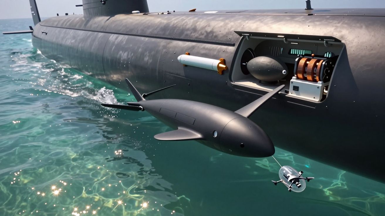 Łódź podwodna wypuszczająca podwodną dron w kształcie ryby na tle błękitnej wody.
