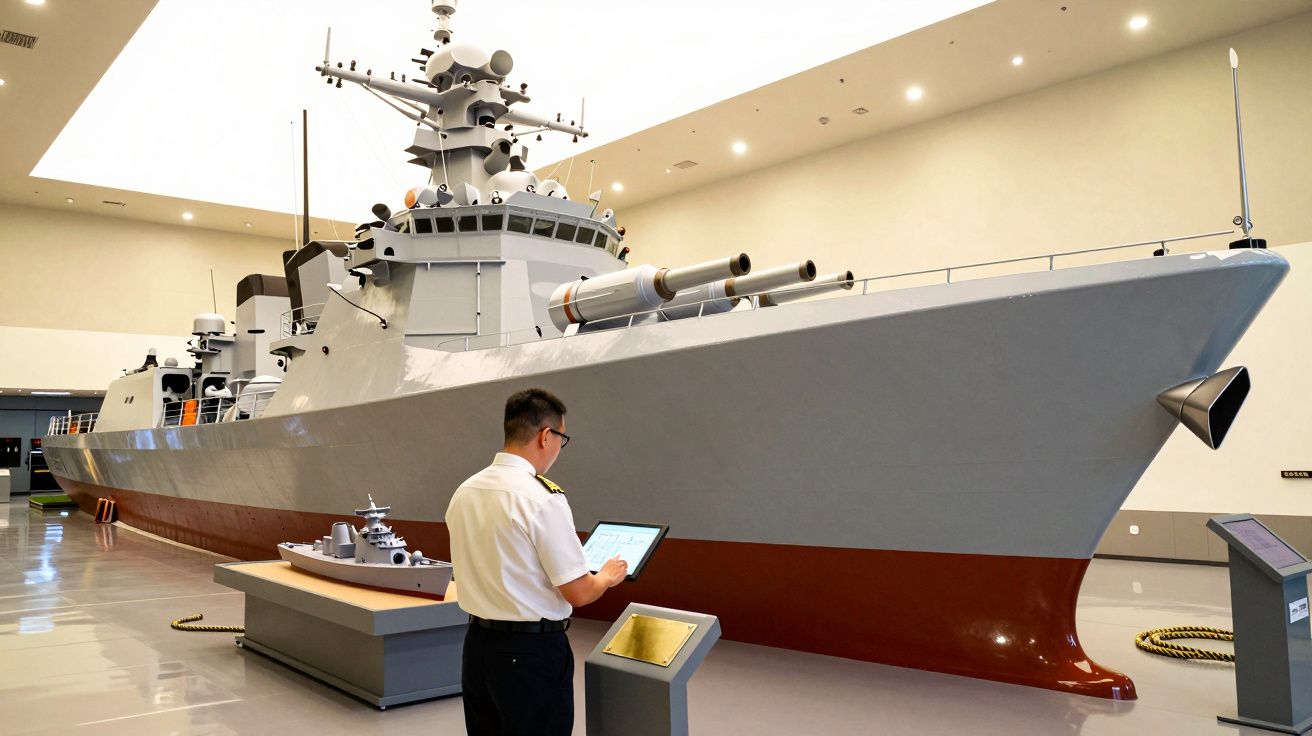 Mężczyzna w mundurze ogląda makietę statku wojennego w muzeum.