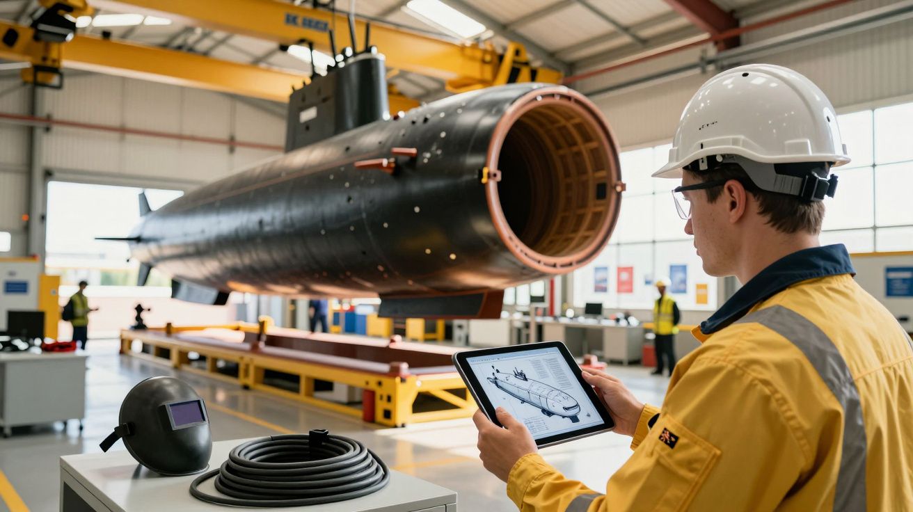 Mężczyzna w kasku kontroluje budowę łodzi podwodnej na tablecie w warsztacie przemysłowym.