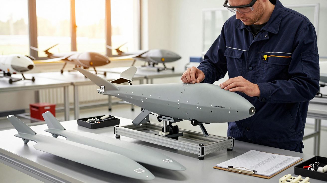 Mężczyzna w warsztacie pracuje nad modelem drona, w tle inne drony i sprzęt techniczny.