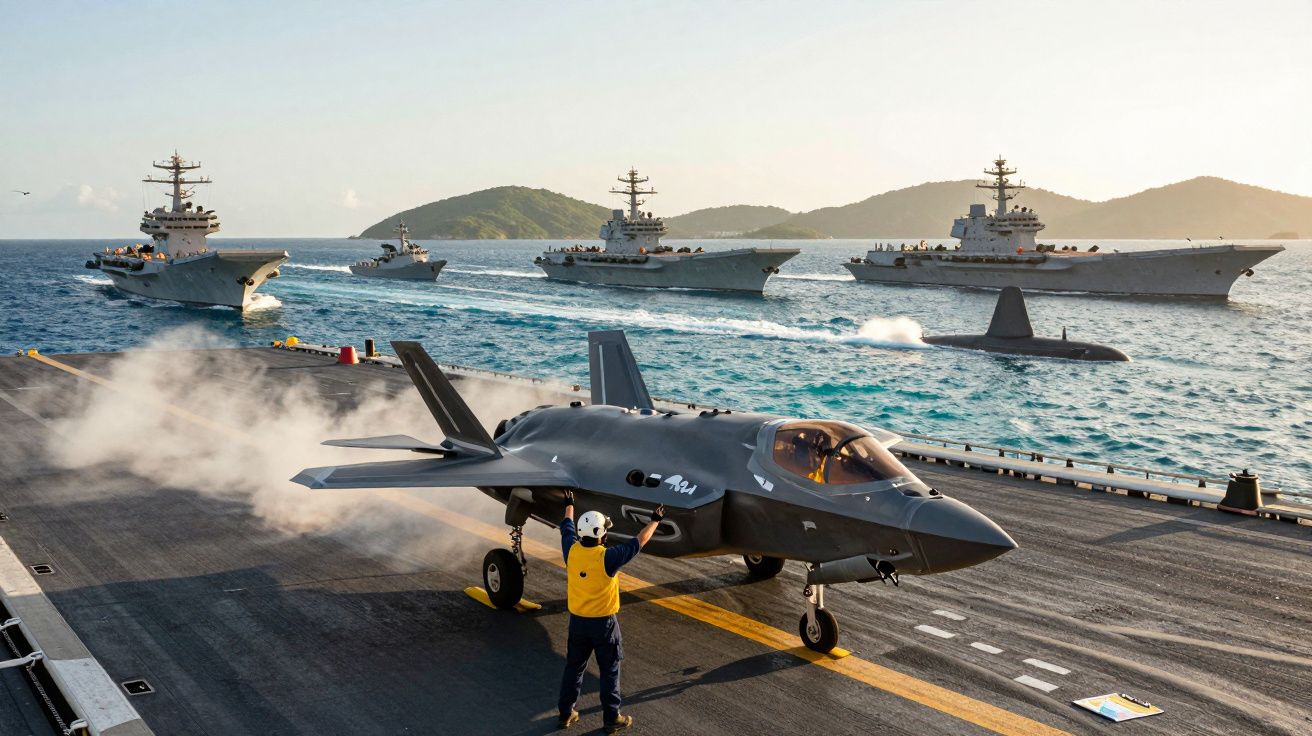 Myśliwiec startujący z lotniskowca, w tle płynące okręty wojenne i wyspy na horyzoncie.