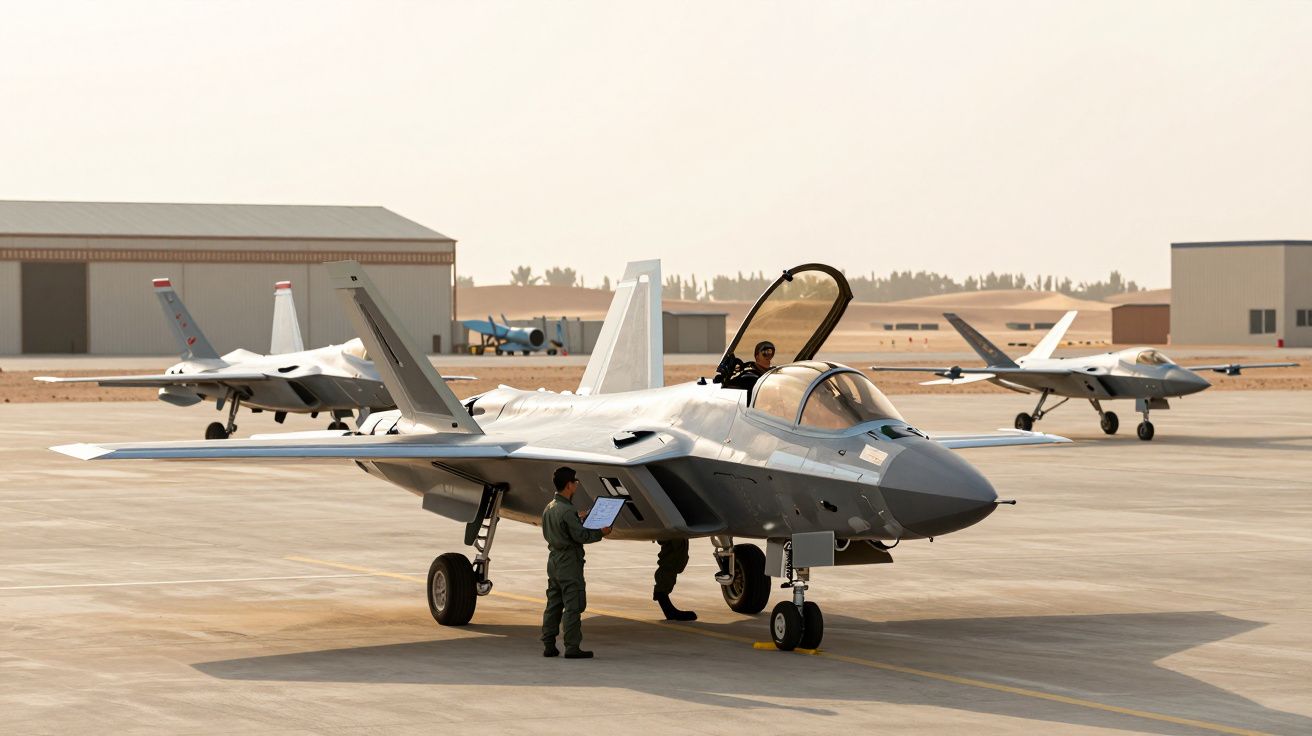 Myśliwiec wojskowy na lotnisku, za nim dwa drony i hangar, żołnierz stojący obok z dokumentami.