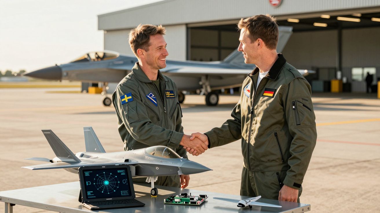 Dwóch mężczyzn w kombinezonach lotniczych podaje sobie ręce przed hangarem z myśliwcami.