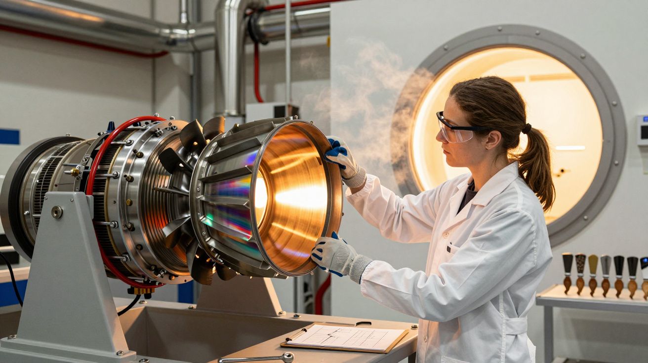 Naukowiec w białym fartuchu bada metalowy mechanizm w laboratorium.