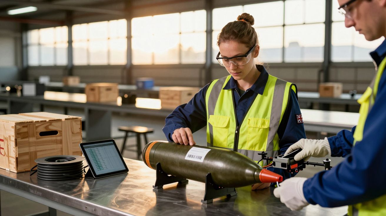 Dwie osoby w kamizelkach bezpieczeństwa pracują przy analizie pocisku na stole w warsztacie.