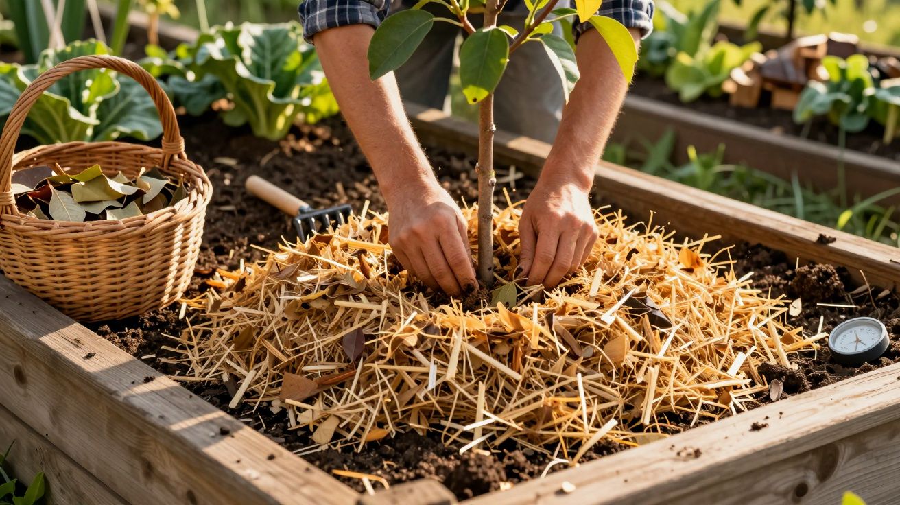 Osoba ściółkująca słomą ziemię wokół młodego drzewka w drewnianej skrzyni, obok kosz z liśćmi i termometr gleby.