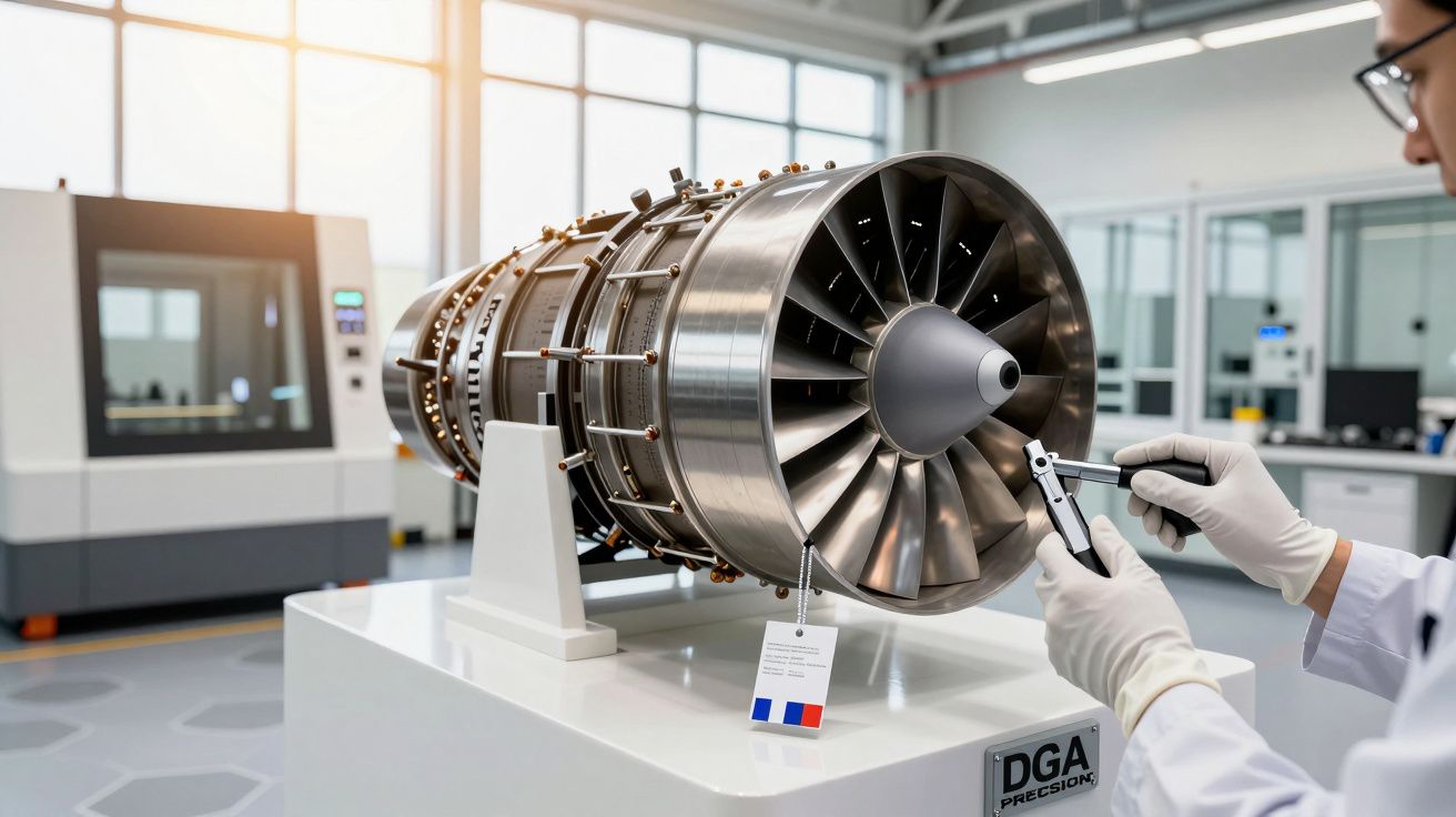 Osoba w laboratorium mierzy część silnika odrzutowego, używając suwmiarki.