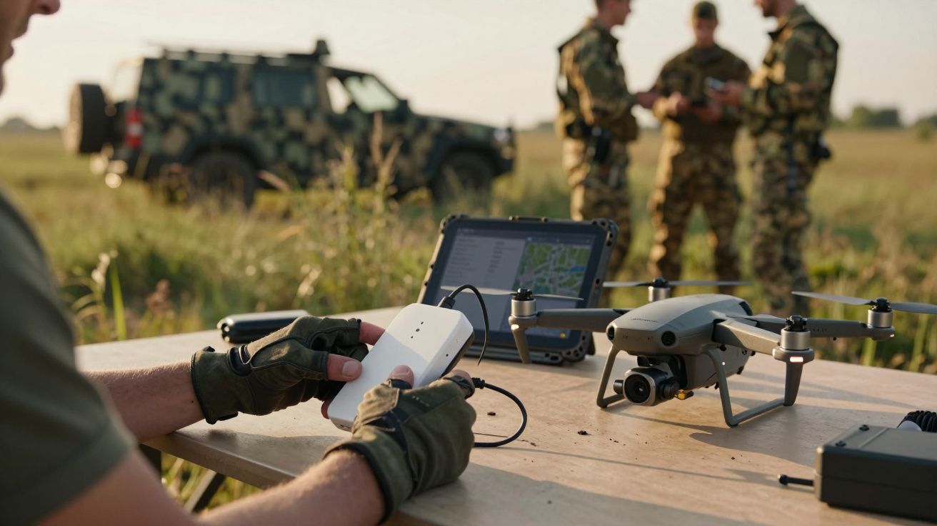 Żołnierz z obsługą drona na tle pojazdu wojskowego oraz dwóch żołnierzy w kamuflażu na polu.