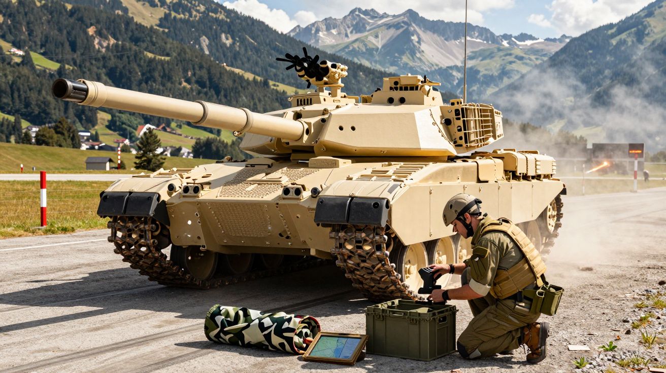 Czołg na drodze w górzystym terenie, obok żołnierz obsługuje sprzęt elektroniczny, widać dym w tle.