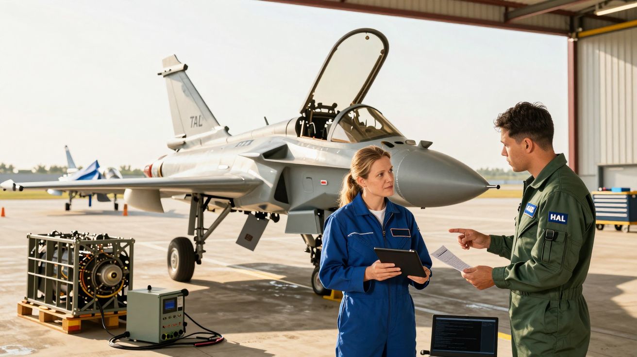 Dwaj inżynierowie rozmawiają obok myśliwca w hangarze lotniczym. Jeden trzyma tableta, drugi kartkę.