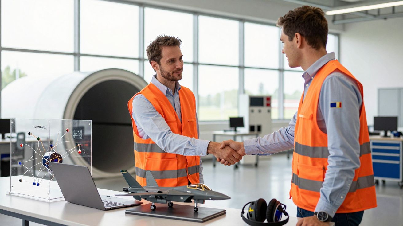 Dwóch mężczyzn w pomarańczowych kamizelkach odblaskowych podaje sobie ręce przy stole z modelem samolotu.