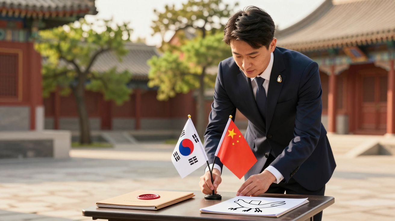 Mężczyzna w garniturze podpisuje dokumenty, obok flagi Korei Południowej i Chin, na dziedzińcu tradycyjnej budowli.