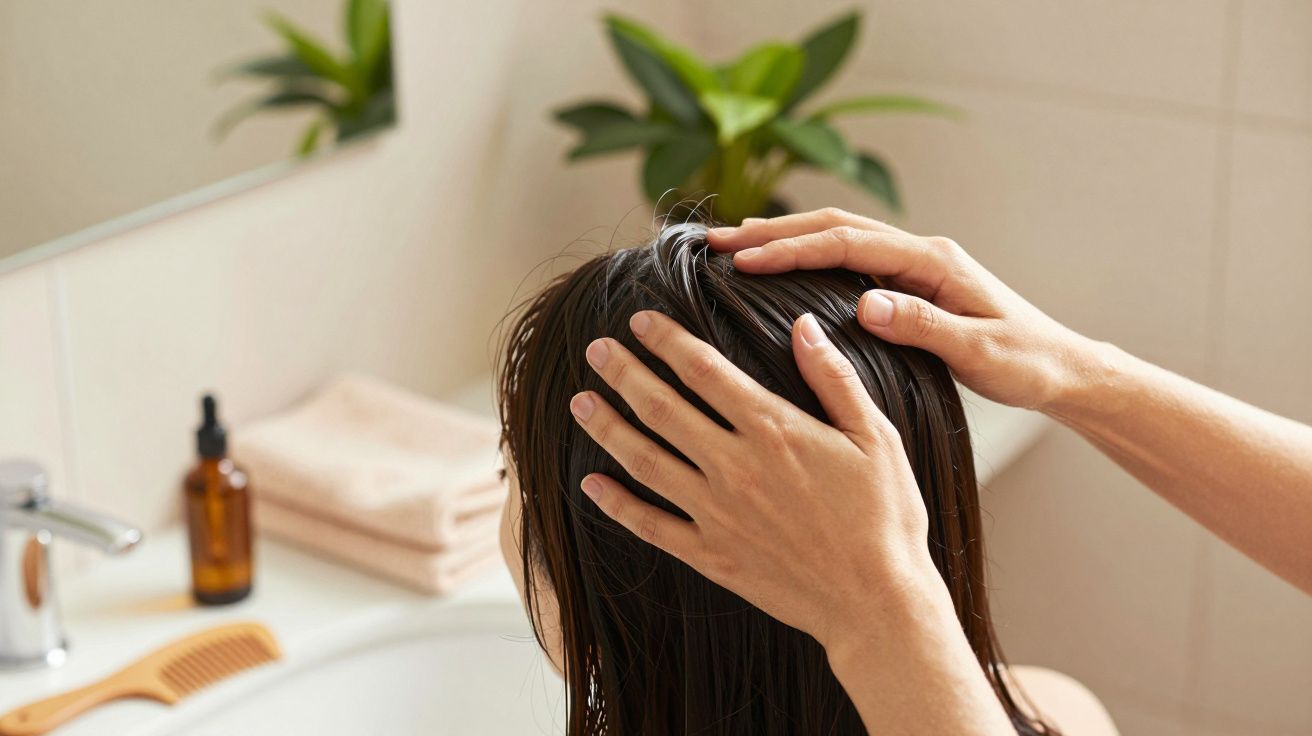 Osoba nakładająca produkt na mokre włosy w łazience; w tle ręcznik i roślina.