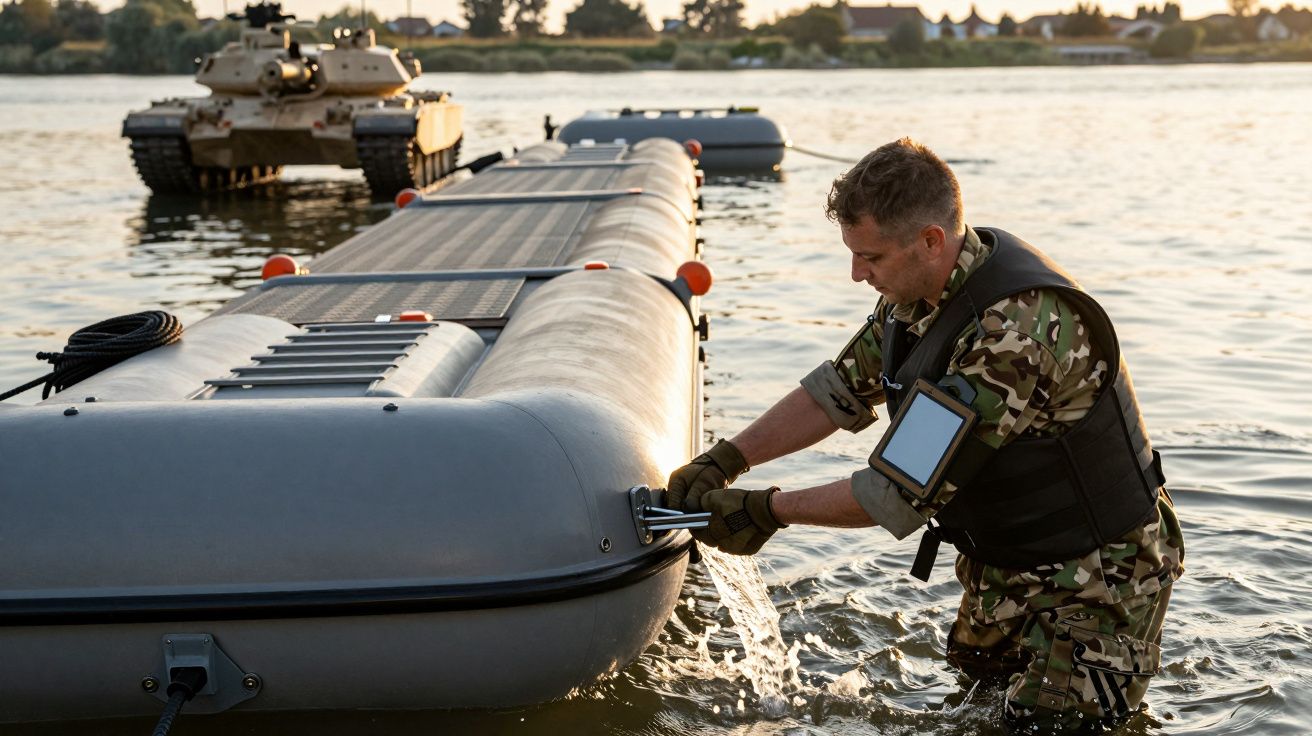 Żołnierz w kamizelce pracuje na pontonie na wodzie, w tle czołg na brzegu.