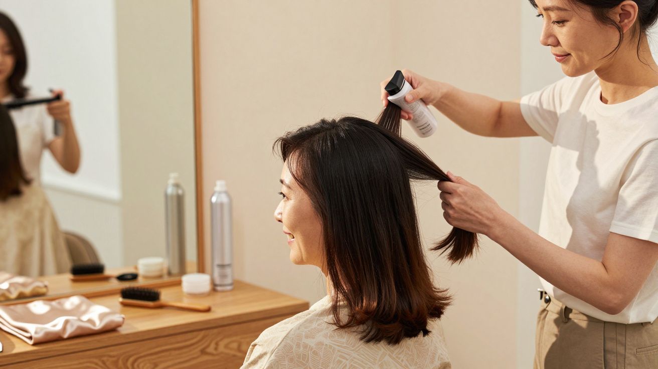 Kobieta w salonie fryzjerskim spryskuje włosy klientki sprayem. Na stoliku szczotki i kosmetyki.