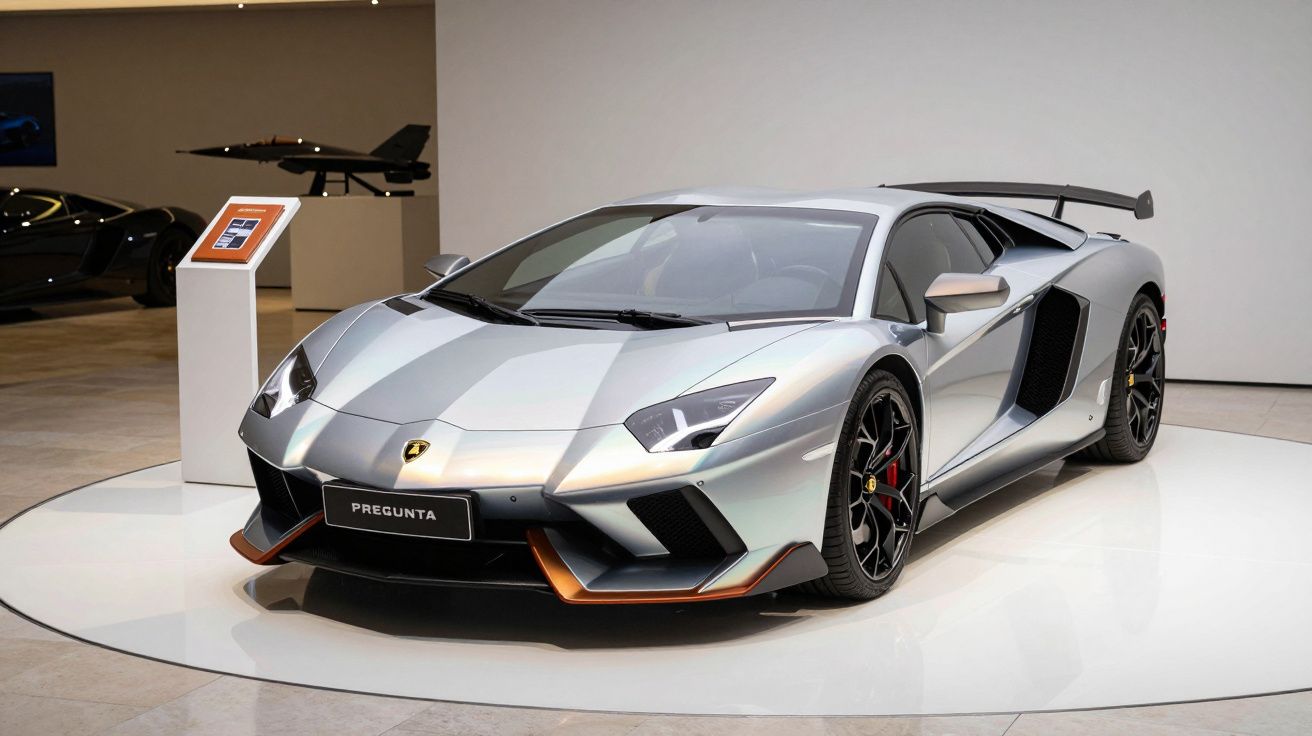 Srebrny super samochód sportowy na wystawie wewnętrznej, z czarnymi felgami i pomarańczowymi akcentami.