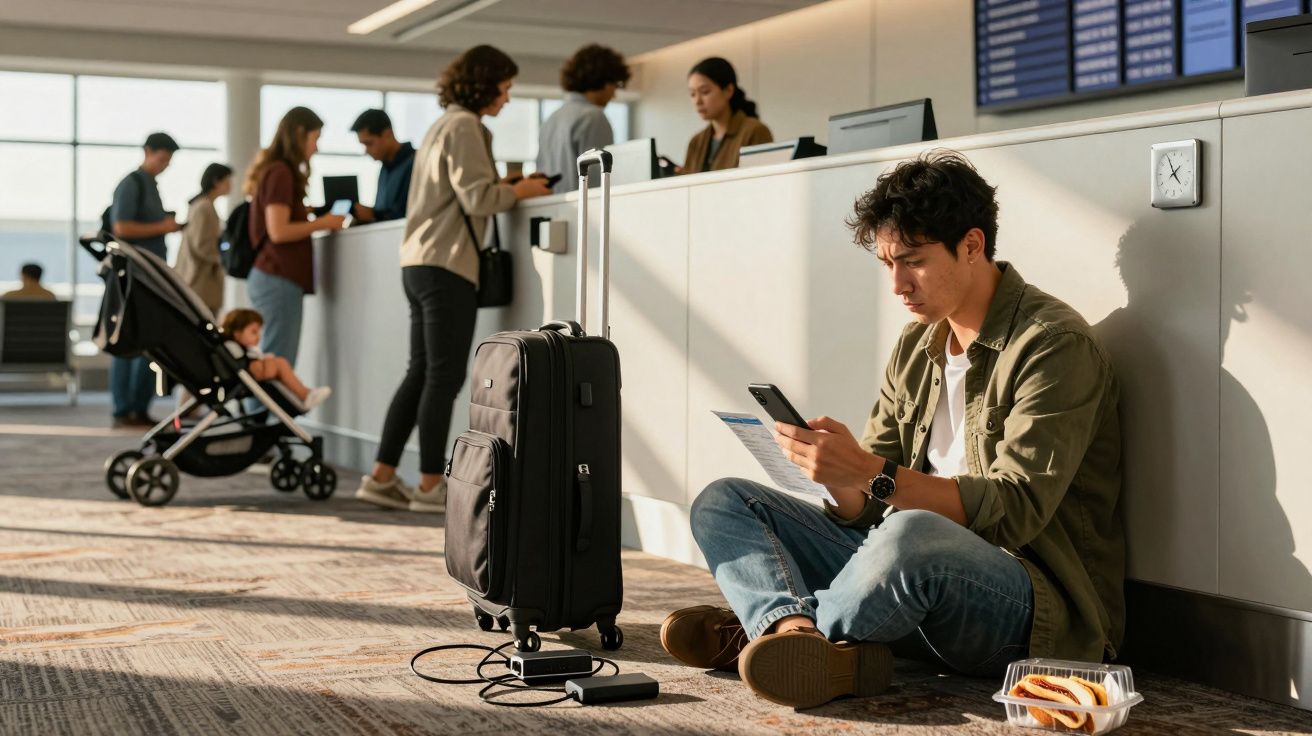 Mężczyzna siedzi na podłodze lotniska, czyta telefon, obok walizka i przekąska; tło z ludźmi przy ladzie odprawy.