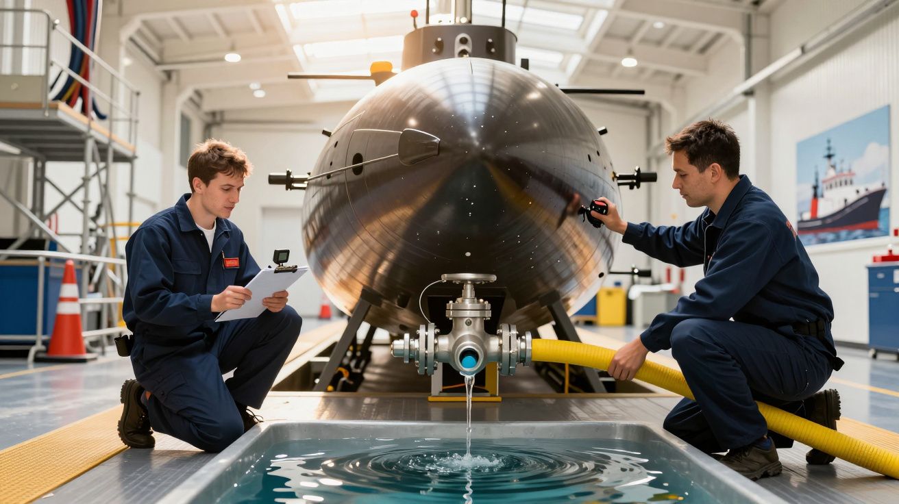 Dwóch mężczyzn w kombinezonach pracuje przy miniaturowej łodzi podwodnej w laboratorium inżynieryjnym.