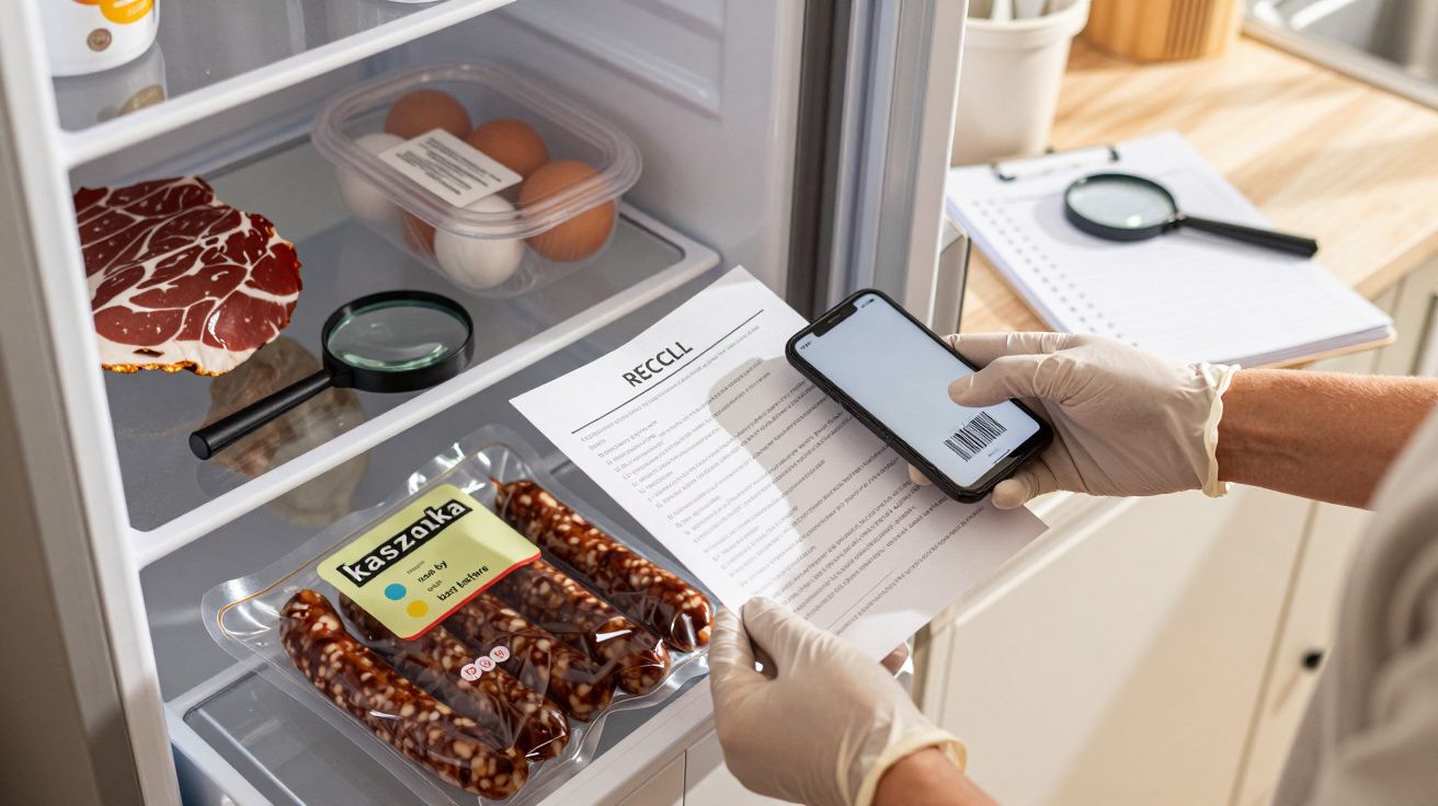 Osoba w rękawiczkach skanuje kod kreskowy z dokumentu przy otwartej lodówce zawierającej mięso i kiełbasy.