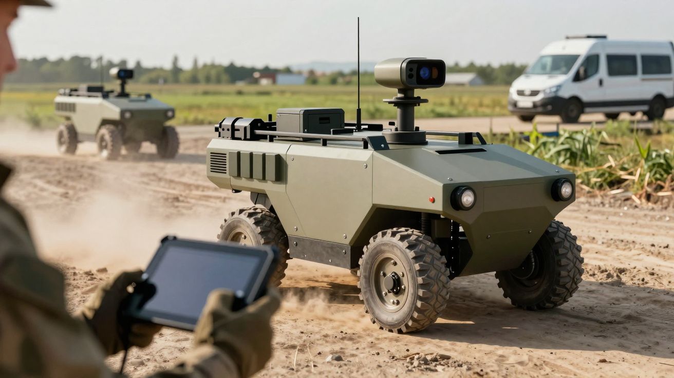 Dron lądowy na pustym polu, sterowany przez osobę z tabletem, z furgonetką w tle.