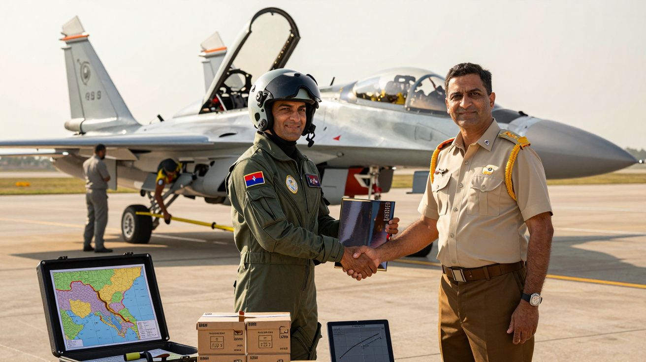 Pilot i oficer wojskowy ściskają ręce przed myśliwcem na płycie lotniska, obok sprzętu na stole.