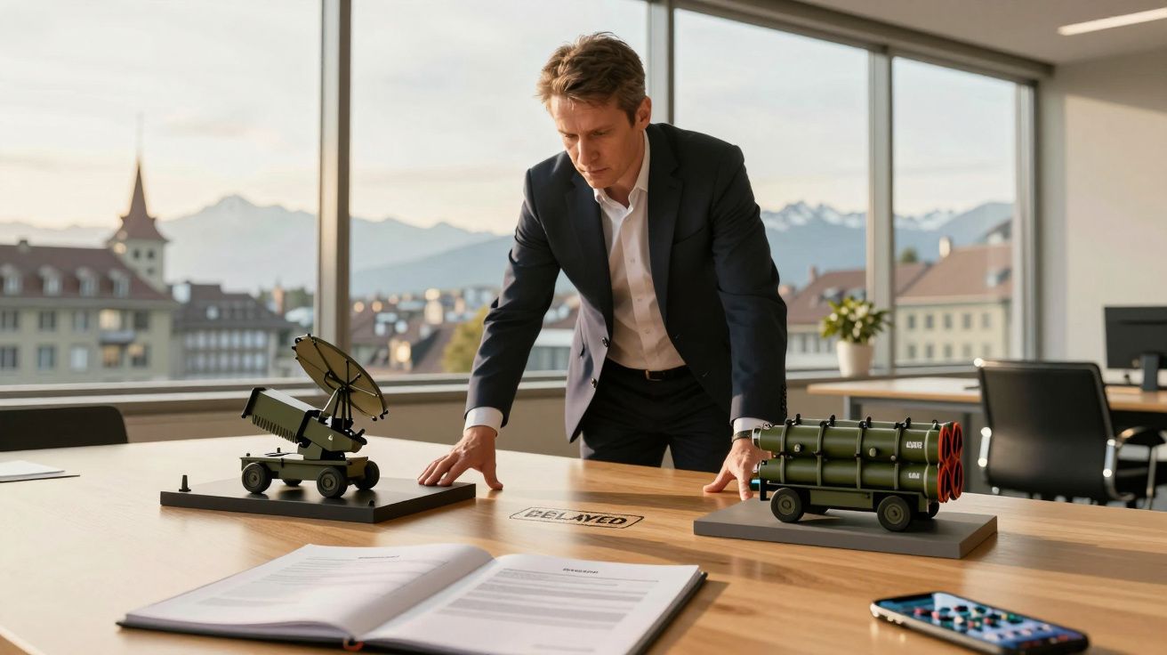 Mężczyzna w garniturze przy biurku z makietami sprzętu wojskowego na tle miejskiego krajobrazu i gór.