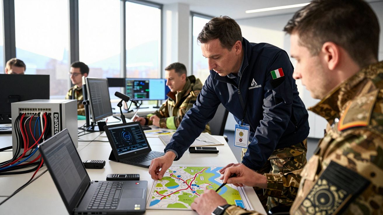 Żołnierze w mundurach i mężczyzna z flagą Włoch omawiają mapę w biurze pełnym komputerów.