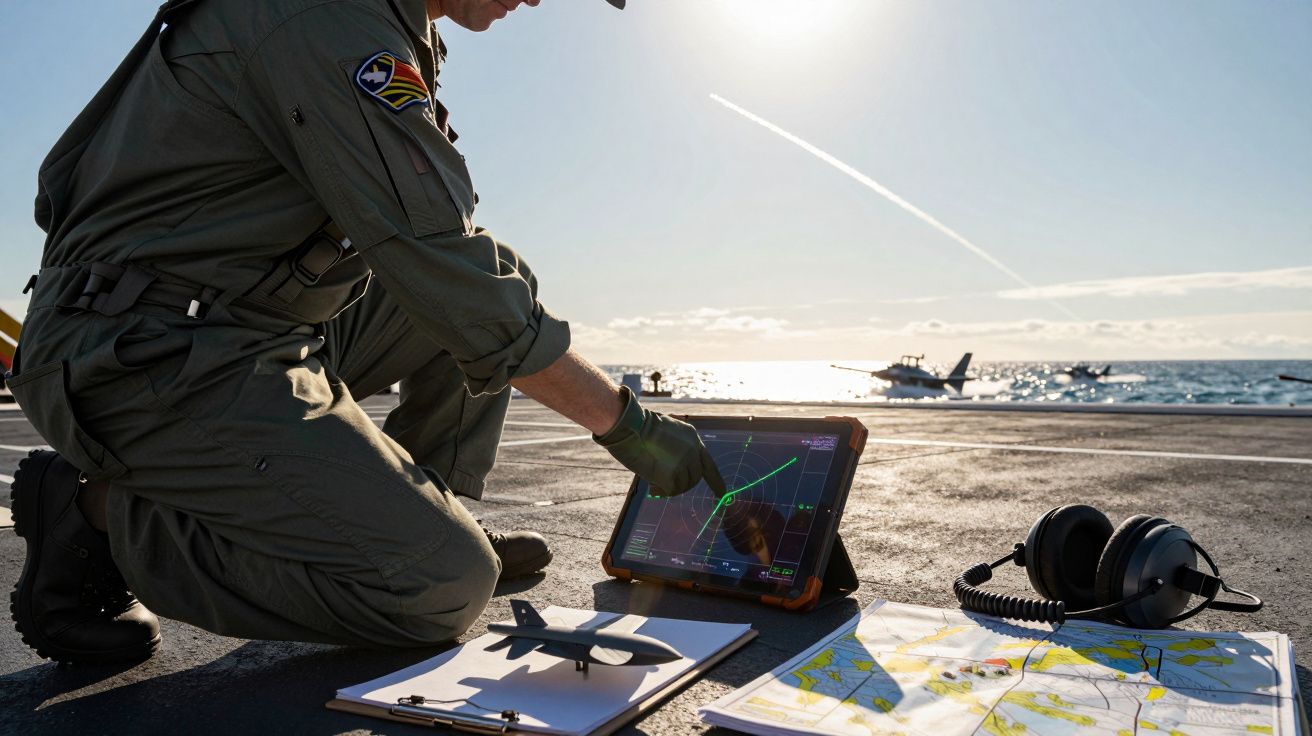 Osoba w mundurze wojskowym na pokładzie statku używa tabletu, obok mapy, słuchawki i samolot na tle morza.